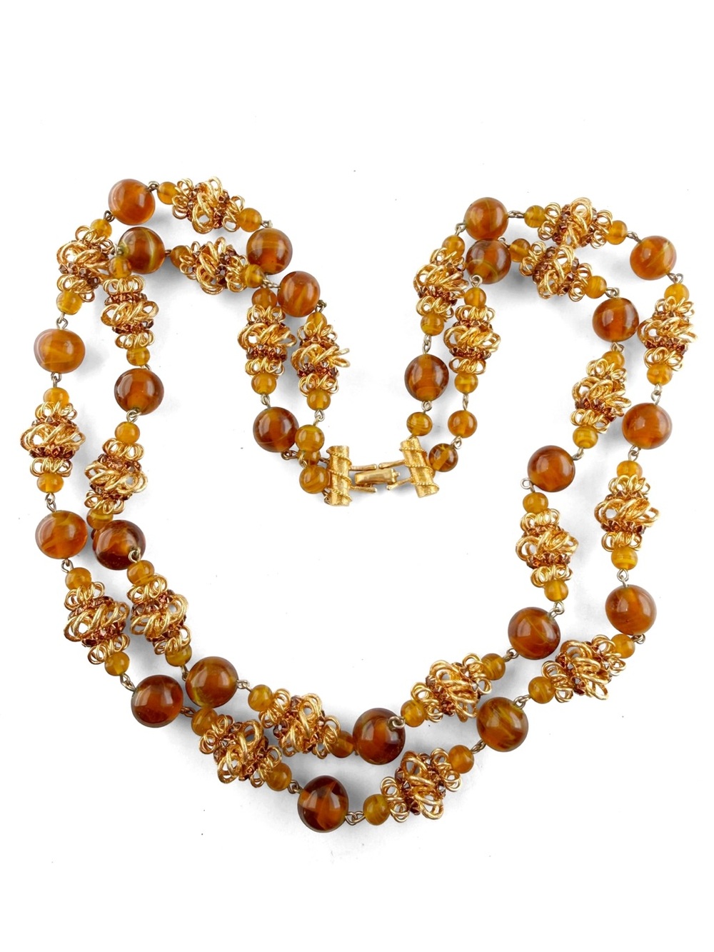 Vintage Vendome Amber Topaz Glass Rhinestone Ball Bead Spiral Link Necklace